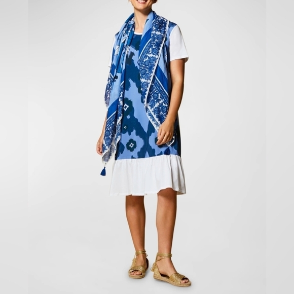 Marina Rinaldi Sport Blue White Print Cotton Jersey Midi Dress Size Large - Picture 1 of 7